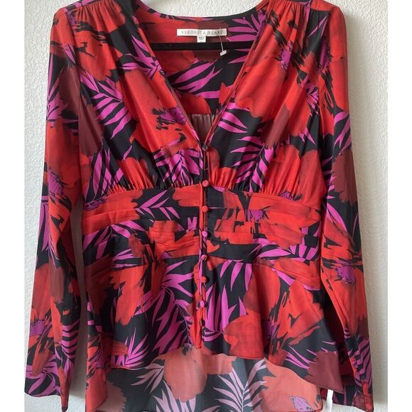 Veronica Beard 100% Silk Blouse Women Red Pevero Ruched Floral Button Size 12 - Picture 2 of 3